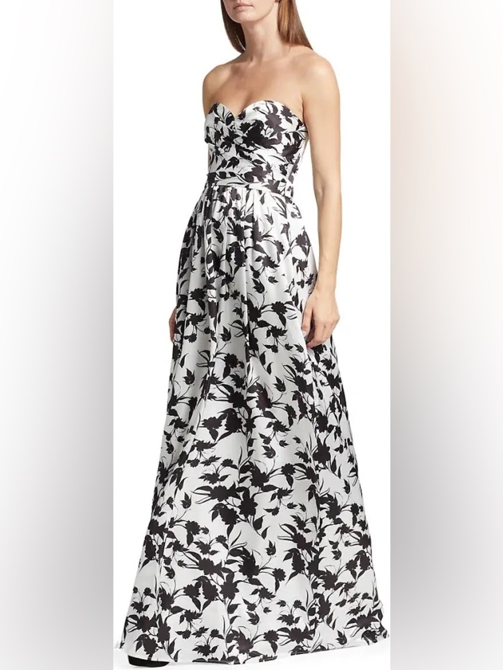 Monique Lhuillier Strapless Black & White Floral Maxi Gown